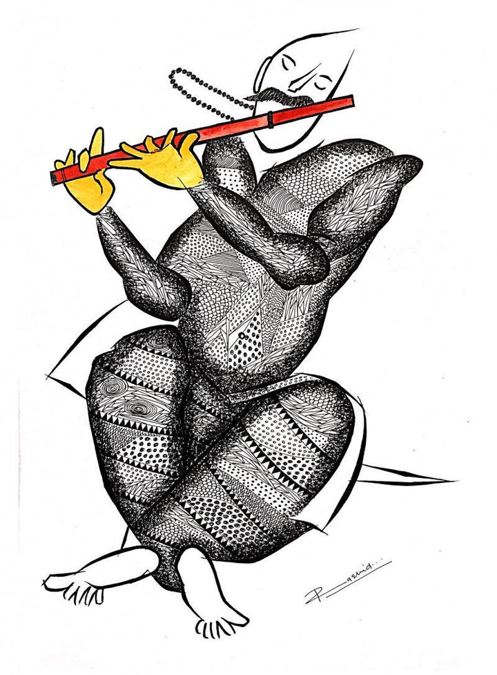 Figurative pen ink drawing titled 'Musician Series 7', 19x13 inches, by artist Rashid Ahamad on Paper