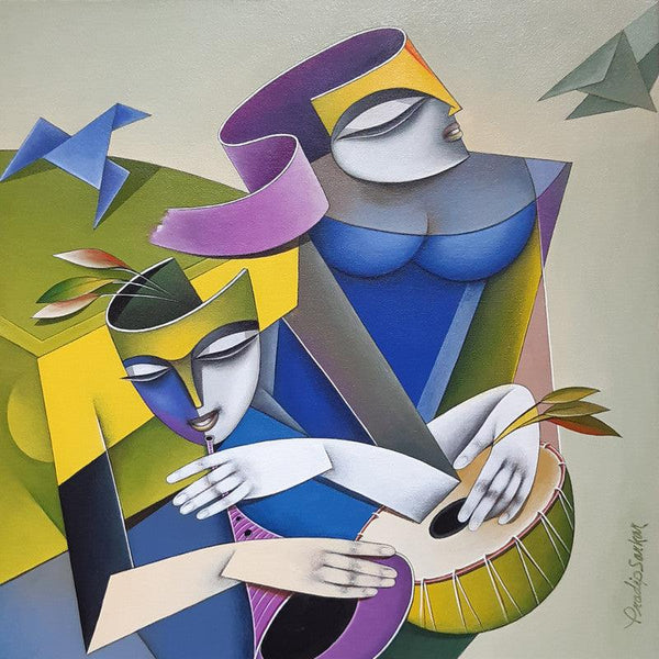 Figurative acrylic painting titled 'Musicians 1', 24x24 inches, by artist Pradip Sarkar on Canvas