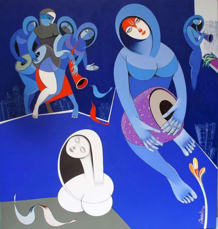 Figurative acrylic painting titled 'Musicians IX', 32x30 inches, by artist Pradip Sarkar on Canvas