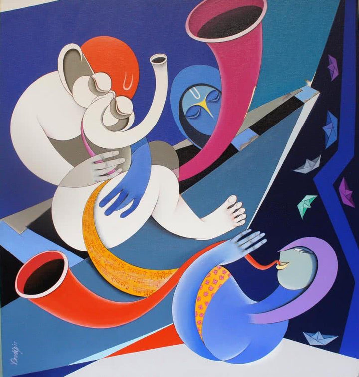 Figurative acrylic painting titled 'Musicians VIII', 32x30 inches, by artist Pradip Sarkar on Canvas