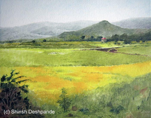 Landscape oil painting titled 'Mustard Fields', 14x20 inches, by artist Shirish Deshpande on Canvas