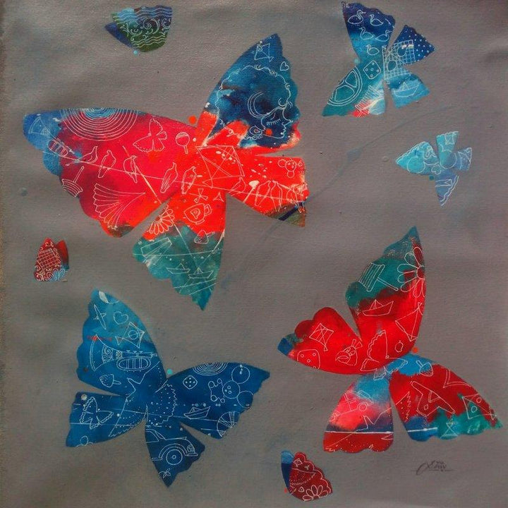 Nature acrylic painting titled 'My Butterflies ii', 18x18 inches, by artist Shiv Soni on canvas