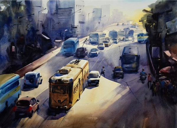 Cityscape watercolor painting titled 'My City Kolkata 1', 22x30 inches, by artist Sankar Das on paper