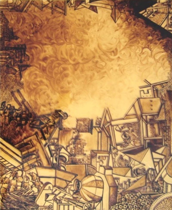 Cityscape mixed media painting titled 'My Construction 3', 30x24 inches, by artist Priyanka Das on Fiber Sheet