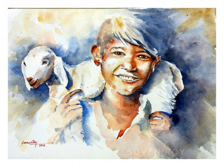 Portrait watercolor painting titled 'My Cute Friend', 20x14 inches, by artist Soven Roy on Paper