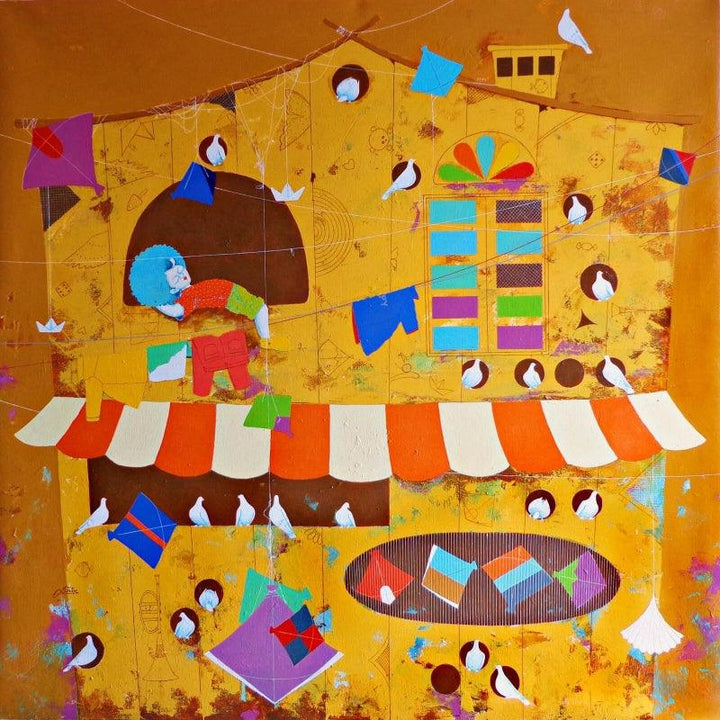 contemporary acrylic painting titled 'My Dream Home', 48x48 inches, by artist Shiv Kumar Soni on Canvas