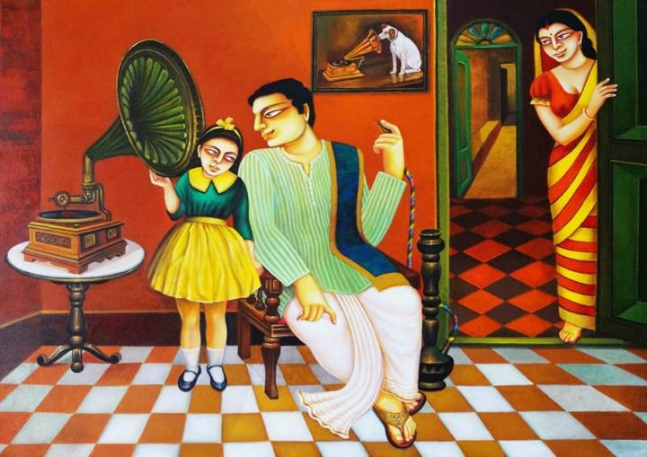 Figurative acrylic painting titled 'My Family 2', 36x50 inches, by artist Gautam Mukherjee on Canvas