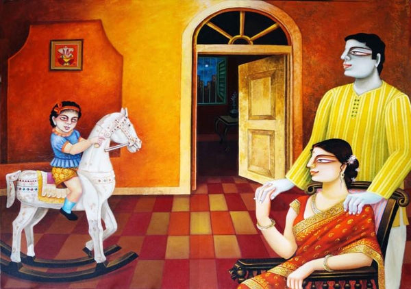 Figurative acrylic painting titled 'My Family 3', 36x50 inches, by artist Gautam Mukherjee on Canvas