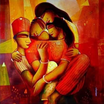 Figurative acrylic painting titled 'My Family', 36x36 inches, by artist Samir Sarkar on Canvas