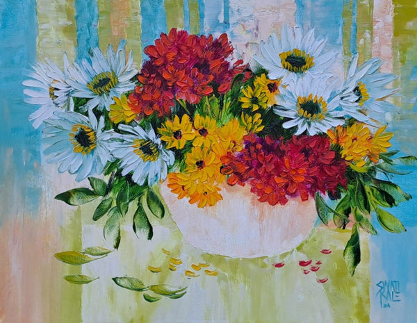 Nature oil painting titled 'My Flowers', 14x18 inch, by artist Swati Kale on Canvas