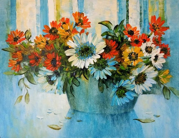 Nature oil painting titled 'My Flowers 84', 14x18 inches, by artist Swati Kale on Canvas