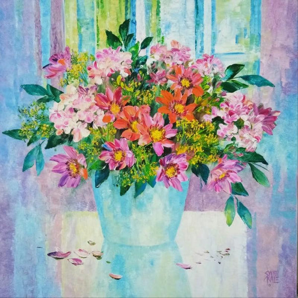 Nature oil painting titled 'My Flowers', 24x24 inches, by artist Swati Kale on Canvas