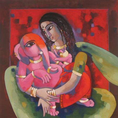 Fantasy acrylic painting titled 'My Mother 1', 42x42 inches, by artist Sekhar Roy on Canvas