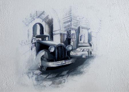 Lifestyle acrylic painting titled 'My Old City', 24x24 inches, by artist Jyotirmoy Bhuyan on Canvas