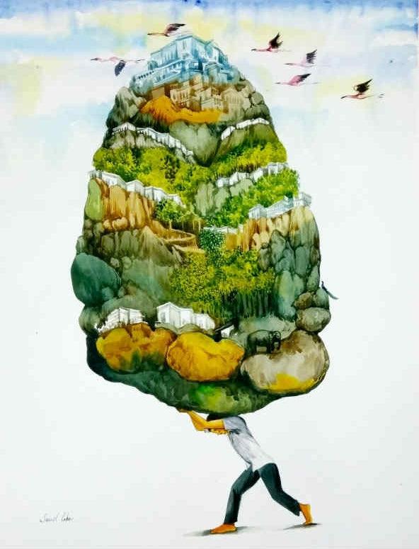 Figurative watercolor painting titled 'My Piece Of Land', 25x20 inches, by artist Sunil Lohar on Paper