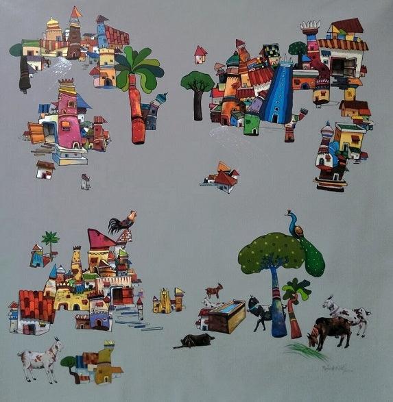 Figurative acrylic painting titled 'My Village 1', 36x36 inches, by artist Manjunath Wali on Canvas