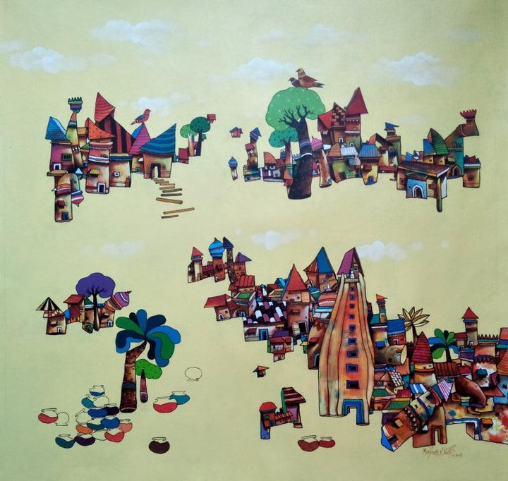 Figurative acrylic painting titled 'My Village 2', 36x36 inches, by artist Manjunath Wali on Canvas