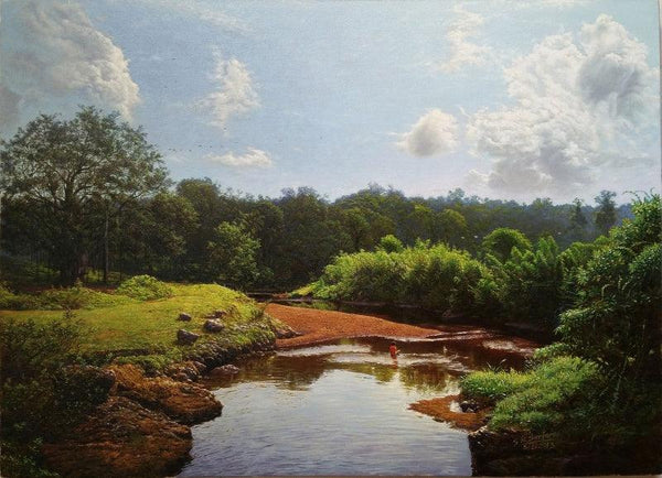 Realistic oil painting titled 'My Village Stream 2', 30x22 inches, by artist Sanjay Sarfare on Canvas