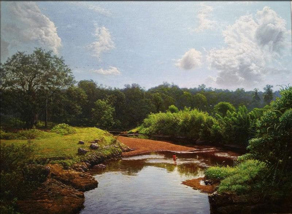 Landscape oil painting titled 'My village stream', 22x30 inches, by artist Sanjay Sarfare on Canvas