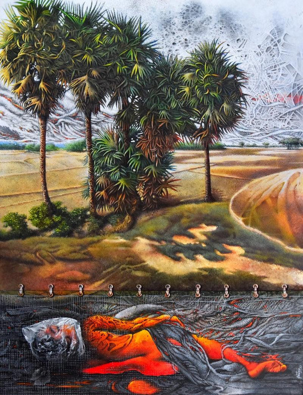 Figurative acrylic painting titled 'Mysterious Scape', 48x36 inches, by artist Goutam Das on Canvas