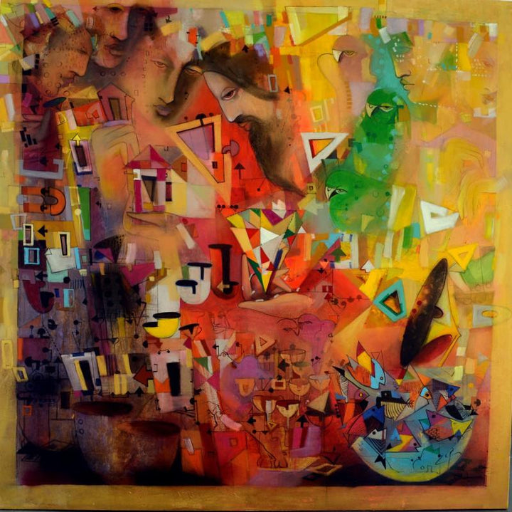 Abstract acrylic painting titled 'Mystic Journey IV', 55x55 inches, by artist Madan Lal on Canvas