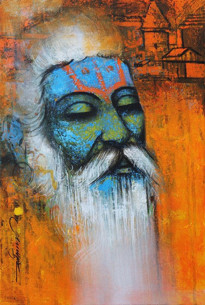 Religious acrylic painting titled 'Mystic Sadhu 1', 18x12 inches, by artist Somnath Bothe on Canvas