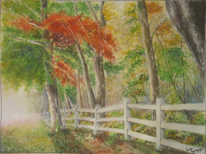 Landscape watercolor painting titled 'Mystic Woods', 21x16 inches, by artist Lasya Upadhyaya on Paper