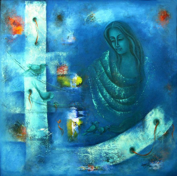 Figurative oil painting titled 'Mystic World II', 36x36 inches, by artist Vijaya Ved on Canvas