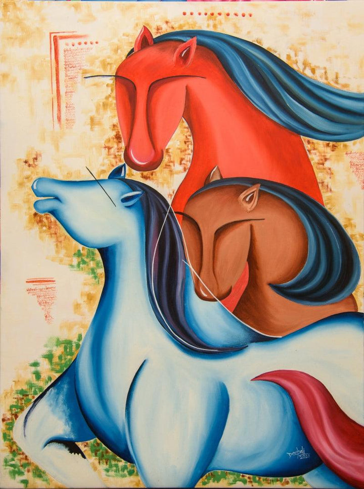 contemporary acrylic oil painting titled 'Mythic creatures', 48x36 inches, by artist Deepali Mundra on Canvas