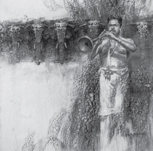 Figurative charcoal drawing titled 'Nagaswaram', 24x24 inches, by artist Pankaj Bawdekar on Paper