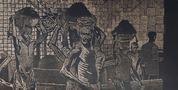 Figurative printmaking titled 'Nagla Bunder 2', 19x37 inches, by artist Pritam Deuskar on Paper