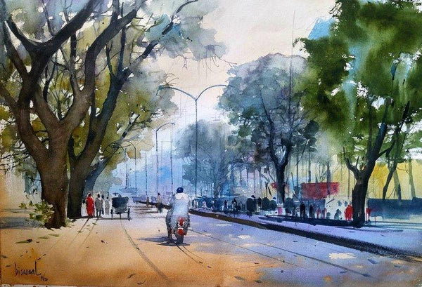 Cityscape watercolor painting titled 'Nagpur Road', 14x19 inches, by artist Bijay Biswaal on Paper