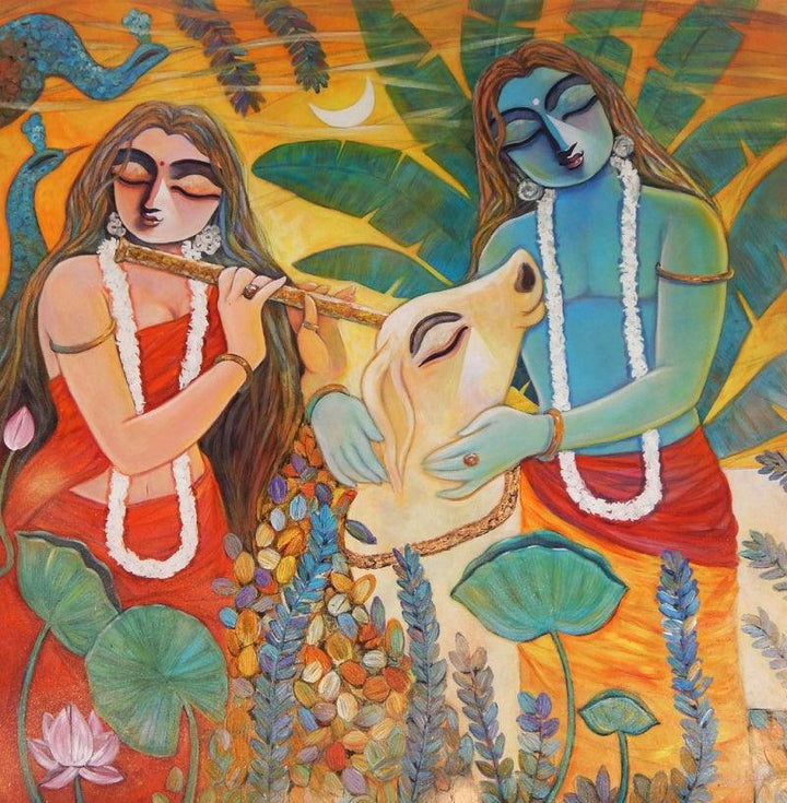 Religious acrylic painting titled 'Nandan', 48x48 inches, by artist Subrata Ghosh on Canvas