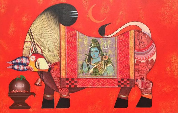 Religious acrylic painting titled 'Nandi 11', 44x68 inches, by artist Ashok Rathod on Canvas