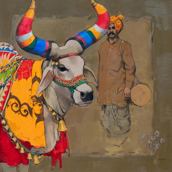 Figurative acrylic painting titled 'Nandi', 36x36 inches, by artist Satyajeet Varekar on Canvas