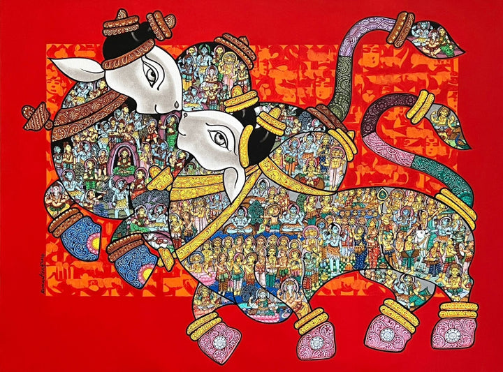 Religious acrylic painting titled 'Nandi', 36x48 inch, by artist Vivek Kumavat on Canvas