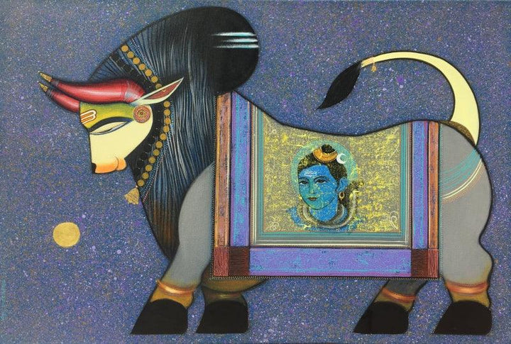 Religious acrylic painting titled 'Nandi 3', 24x36 inches, by artist Ashok Rathod on Canvas