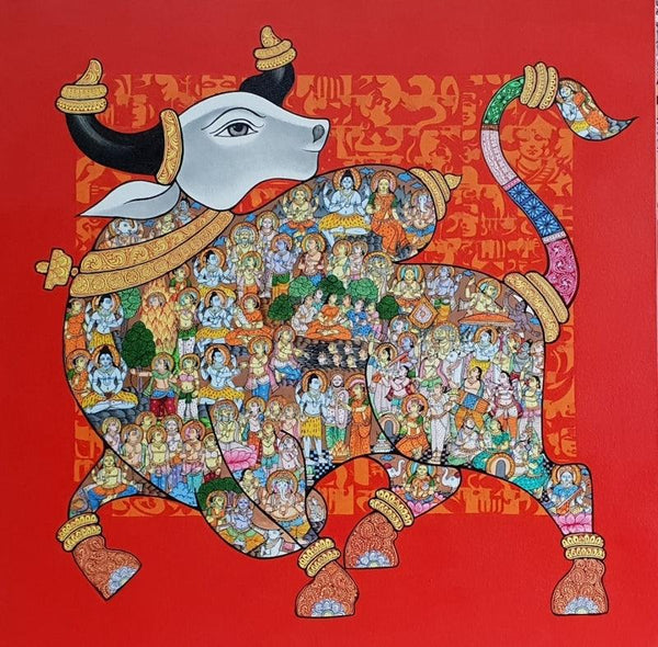 Animals acrylic painting titled 'Nandi 38', 36x36 inches, by artist Vivek Kumavat on Canvas