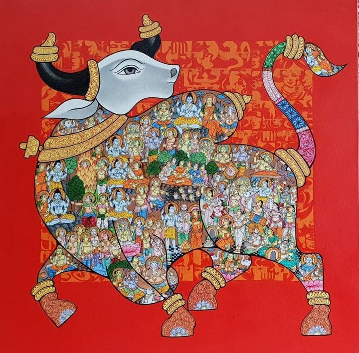 Animals acrylic painting titled 'Nandi 38', 36x36 inches, by artist Vivek Kumavat on Canvas