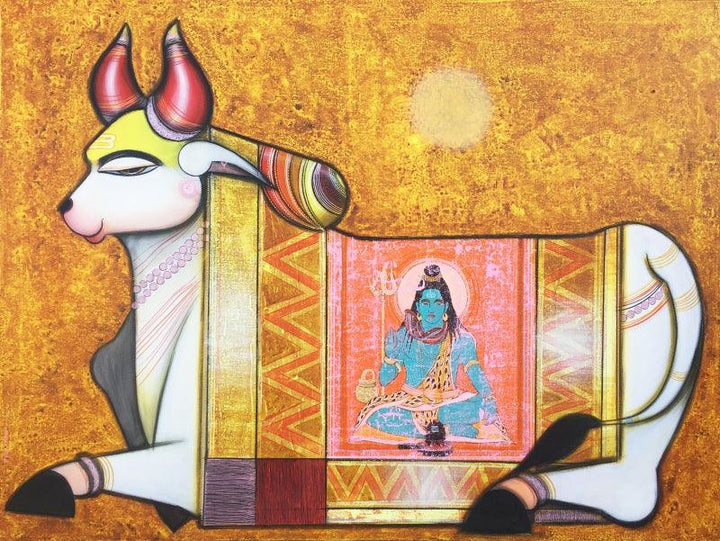 Religious acrylic painting titled 'Nandi 4', 36x48 inches, by artist Ashok Rathod on Canvas