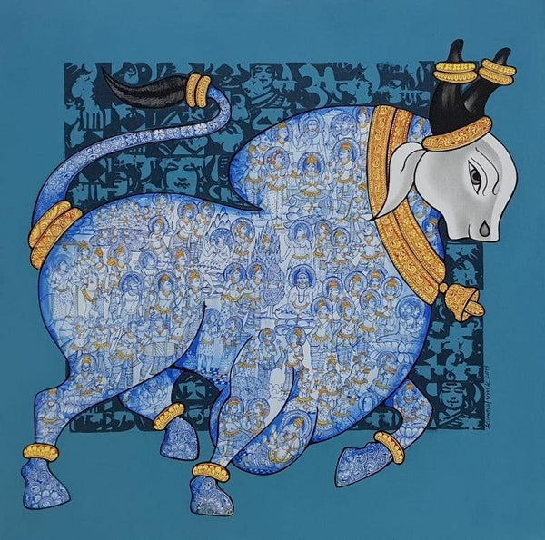 Animals acrylic painting titled 'Nandi 45', 36x36 inches, by artist Vivek Kumavat on Canvas