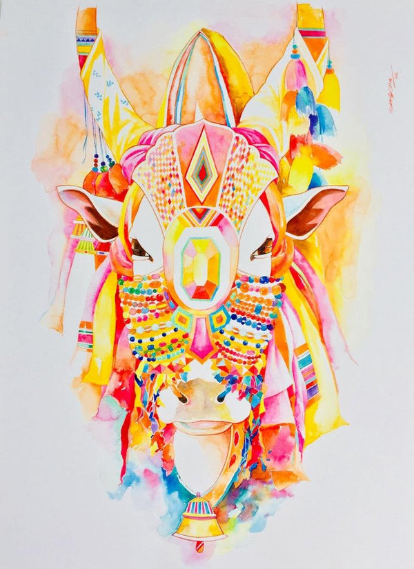 Religious watercolor painting titled 'Nandi 5', 30x22 inches, by artist Mohammed Osman on Paper