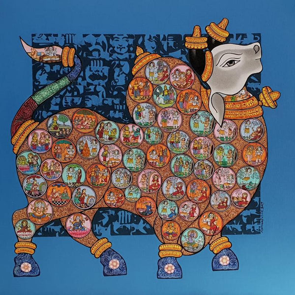 Animals acrylic painting titled 'Nandi 58', 36x36 inches, by artist Vivek Kumavat on Canvas