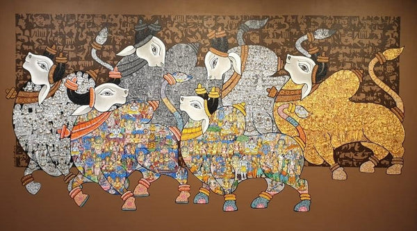 Animals acrylic painting titled 'Nandi 61', 48x96 inches, by artist Vivek Kumavat on Canvas