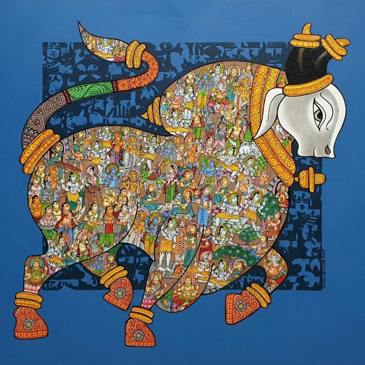 Animals acrylic painting titled 'Nandi 62', 36x36 inches, by artist Vivek Kumavat on Canvas