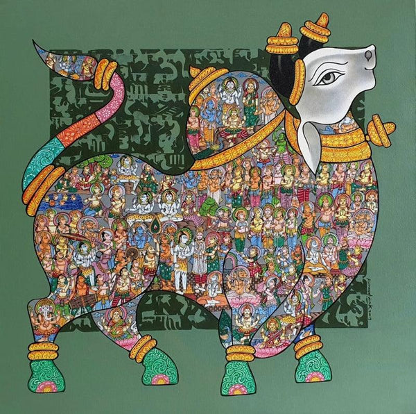 Animals acrylic painting titled 'Nandi 63', 30x30 inches, by artist Vivek Kumavat on Canvas