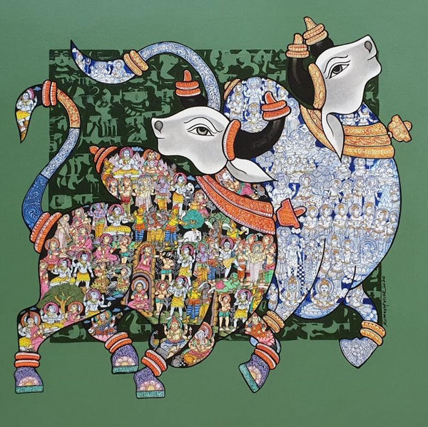 Animals acrylic painting titled 'Nandi 64', 36x36 inches, by artist Vivek Kumavat on Canvas