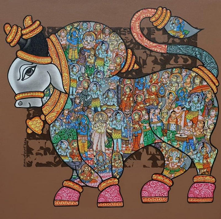 Religious acrylic painting titled 'Nandi 73', 36x36 inches, by artist Vivek Kumavat on Canvas