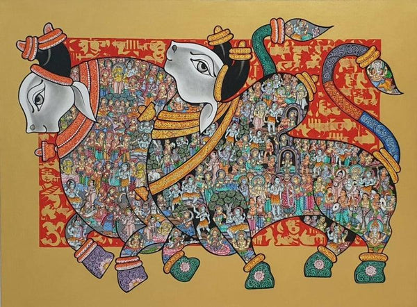 Religious acrylic painting titled 'Nandi 74', 36x48 inches, by artist Vivek Kumavat on Canvas