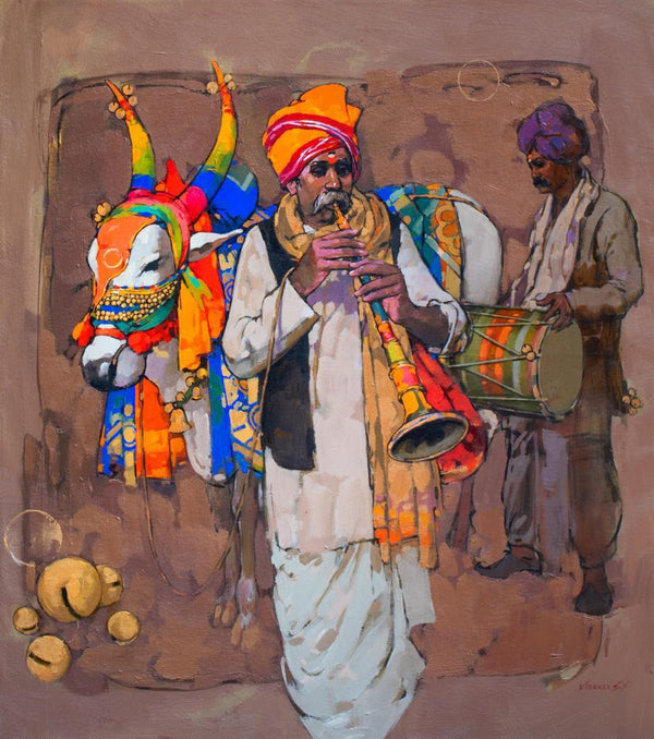 Figurative acrylic painting titled 'Nandi And Man 2', 36x33 inches, by artist Satyajeet Varekar on Canvas